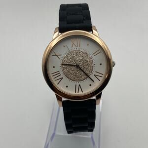 Claire’s Rose Gold Tone Watch Black Silicone Band, New Battery, Fits 8.5” Wrist